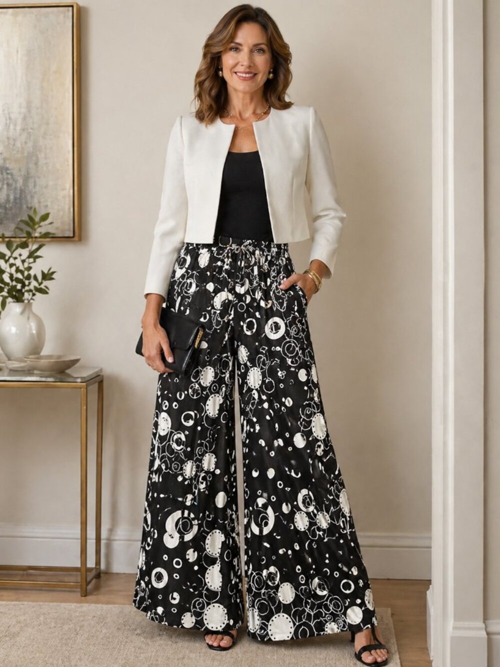 NF Black White High Rise Abstract Circle Wide Leg Palazzo Pants Sz One Size
